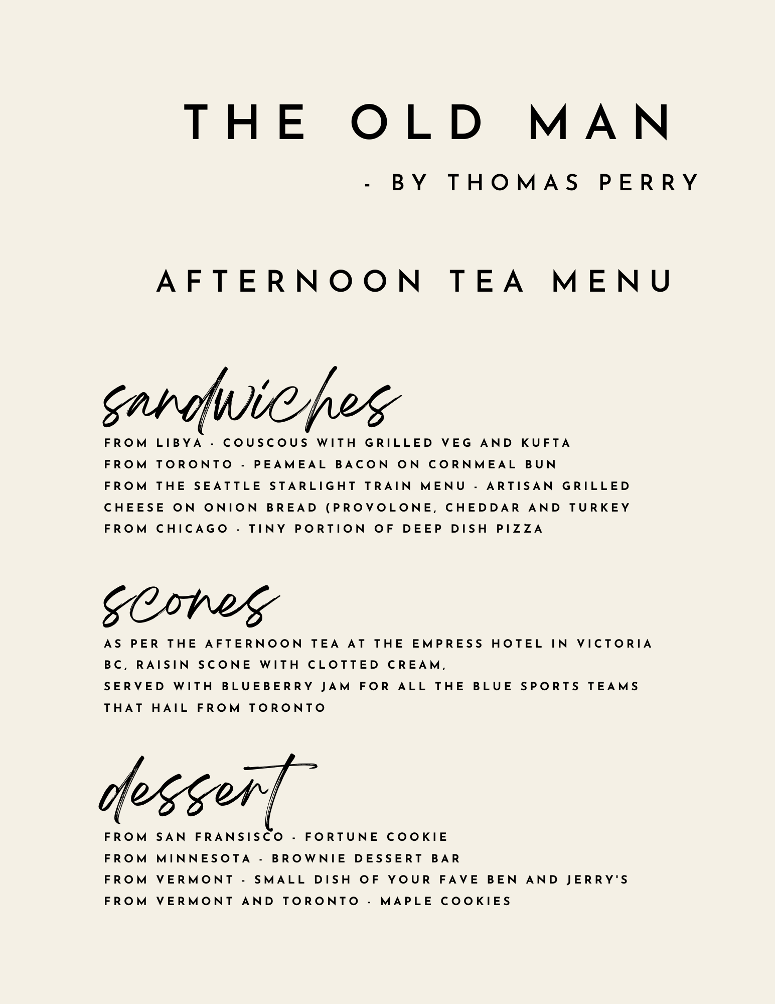 The old man, menu, book, tea, thriller