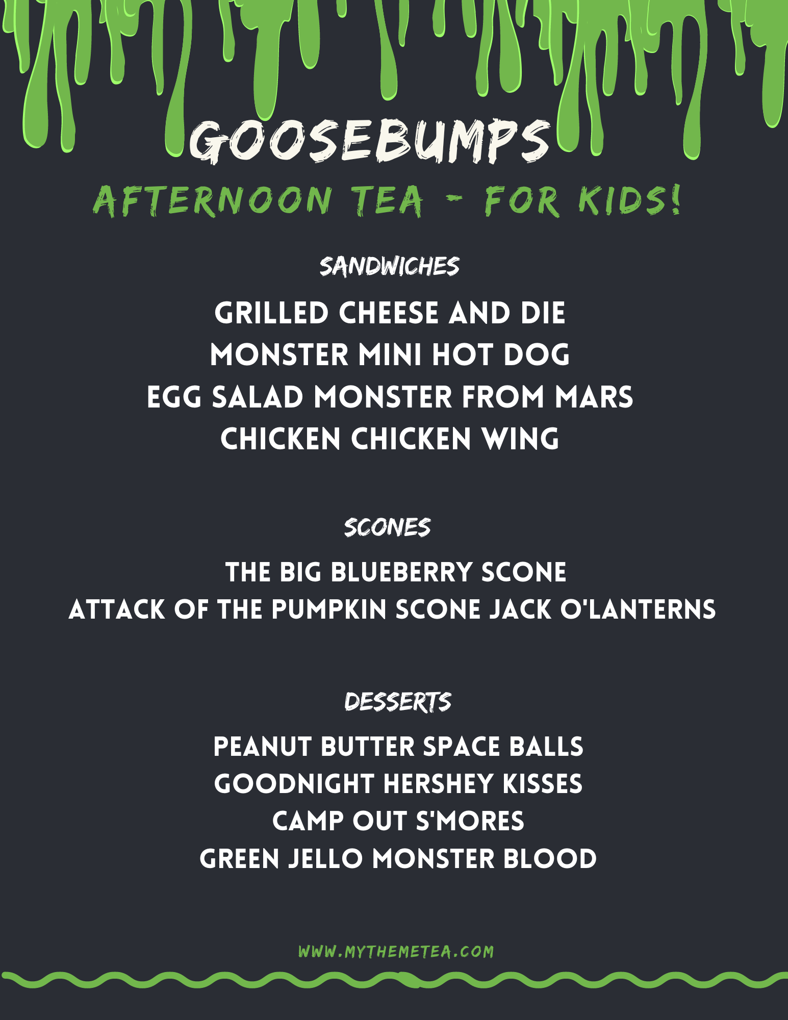 Goosebumps, RL Stine, Stinetinglers, book, tea, menu, thrillerfest